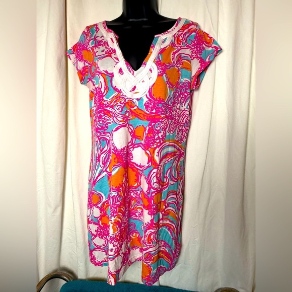 Lilly Pulitzer Dress Joan Tunic Floral V-Neck Midi 100% Pima Cotton SZ M - Picture 1 of 4